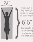 Illustration of a scarf with dimensions and text about its size and weight.