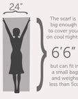 Illustration of a scarf with dimensions and text about its size and weight.