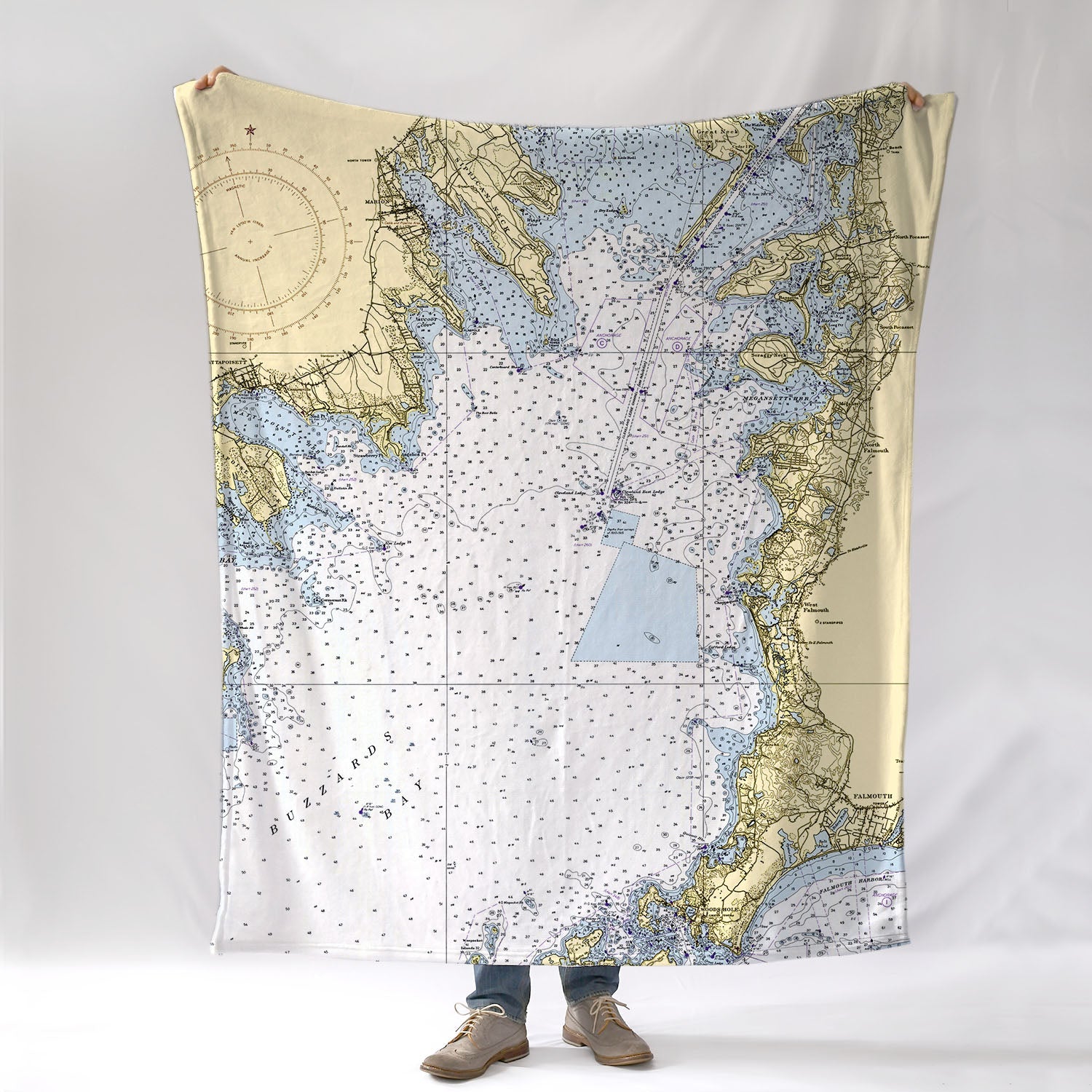 Falmouth - Scraggy Neck, MA.Vintage Nautical Chart Blanket