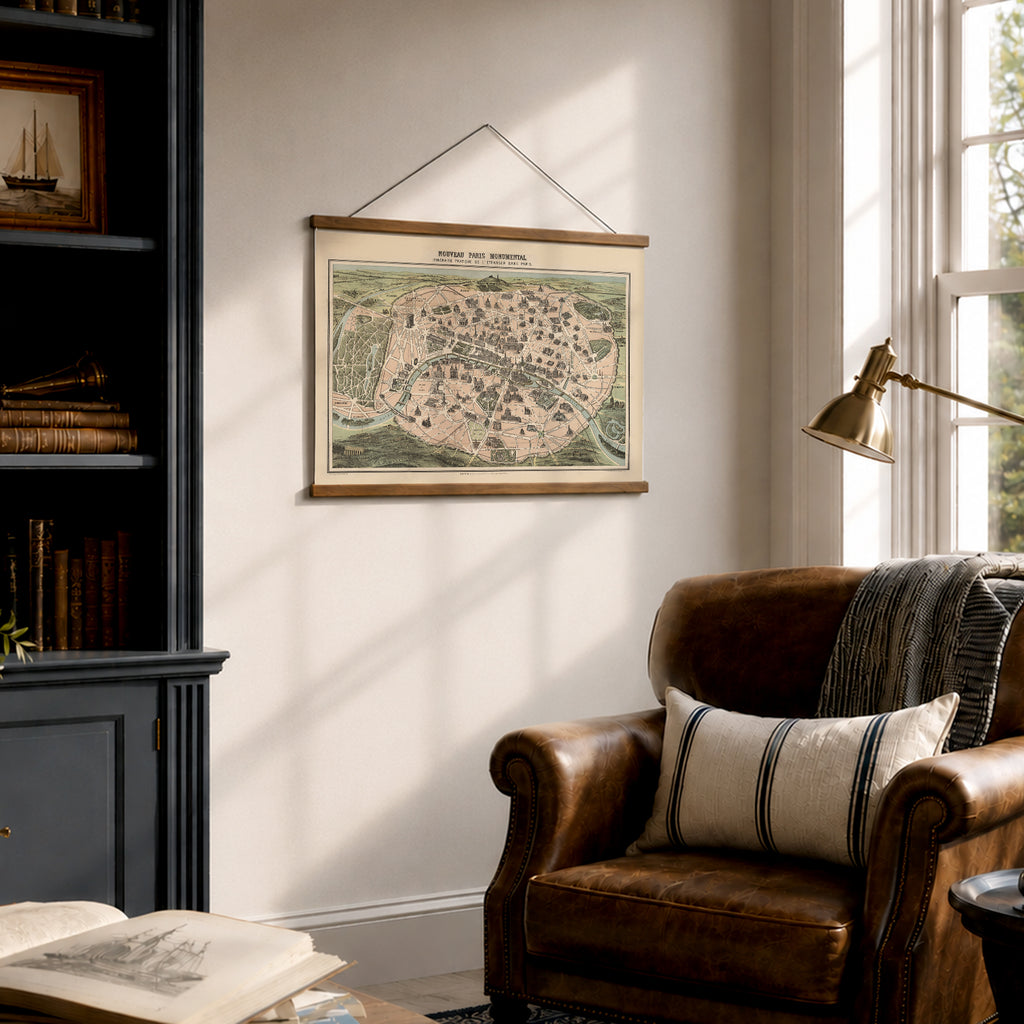 Vintage Paris Bird’s-Eye View Map Canvas Wall Scroll | Paris France Wall Art