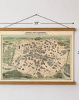 Vintage-style hanging map of Montreal, Canada, shown on a light wall with dimension arrows indicating 29 inches wide by 20.5 inches tall.