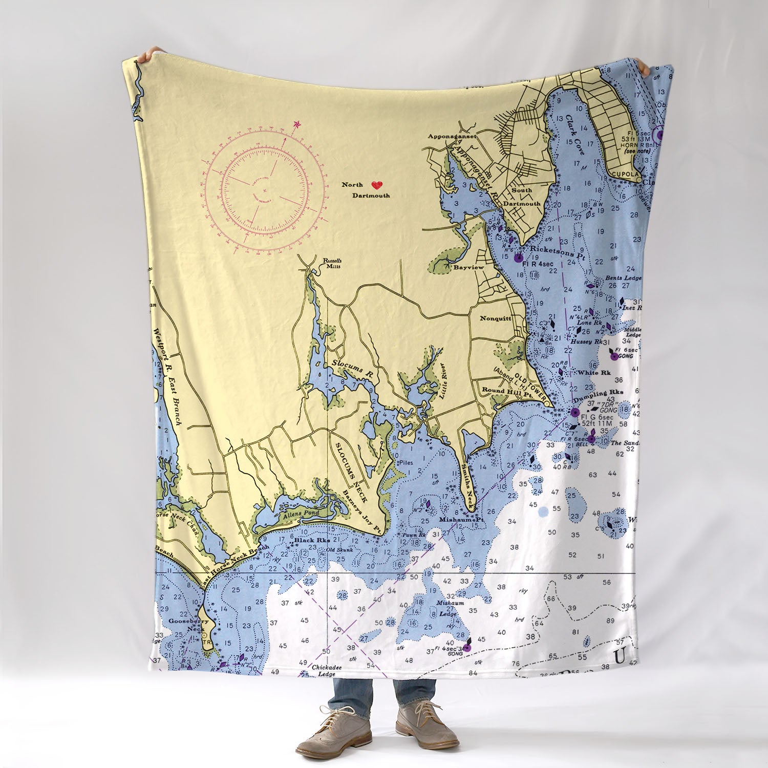 North Dartmouth, MA with heart Nautical Chart Blanket