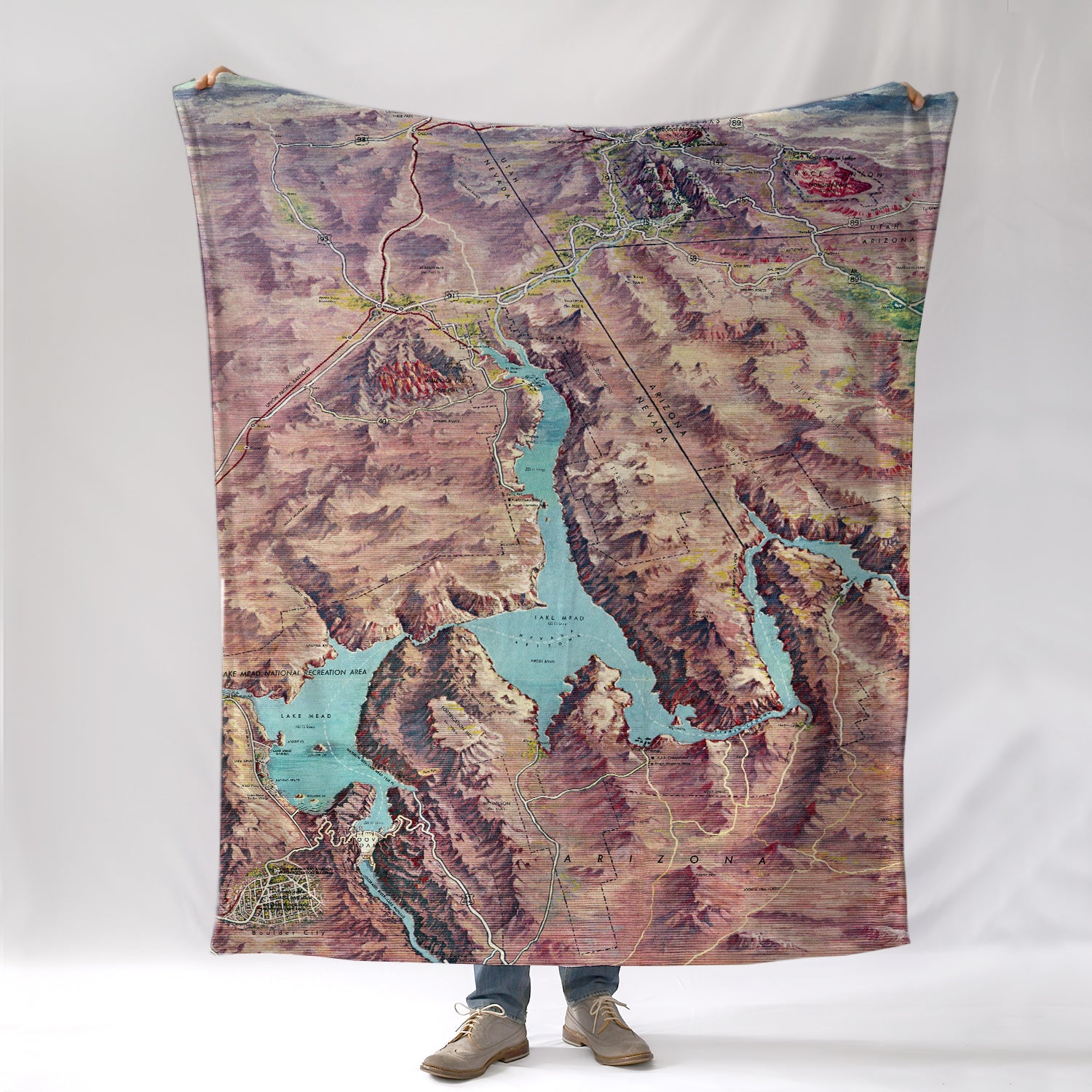 Lake Mead, Nevada Vintage Bird's Eye View Map Blanket