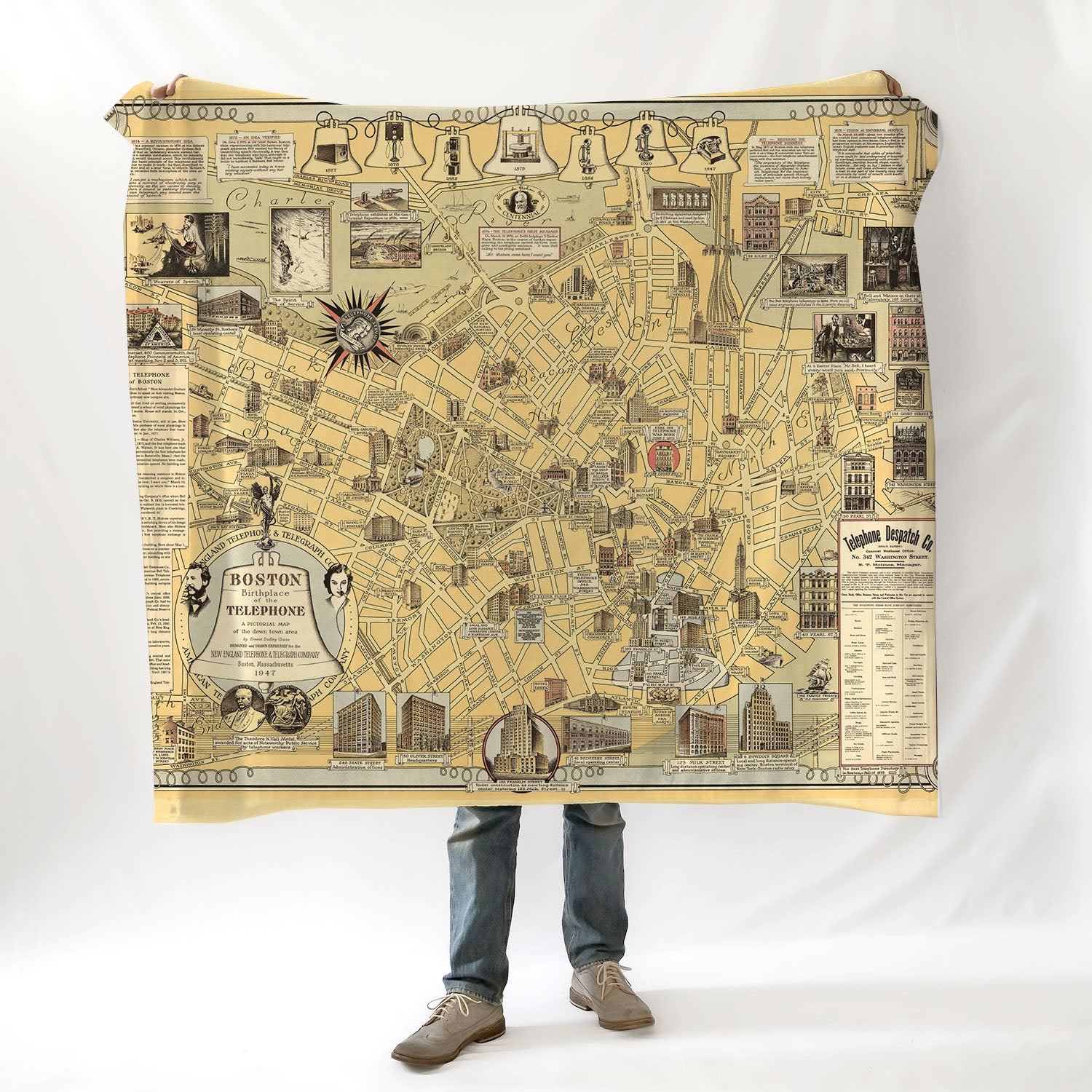 Boston, MA Telephone Birthplace Pictorial Map c. 1947 Blanket