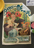 A colorful tea towel featuring a historical advertisement design with a woman, flowers, and text, representing the 'Bières de la Meuse' by Alphonse Mucha.