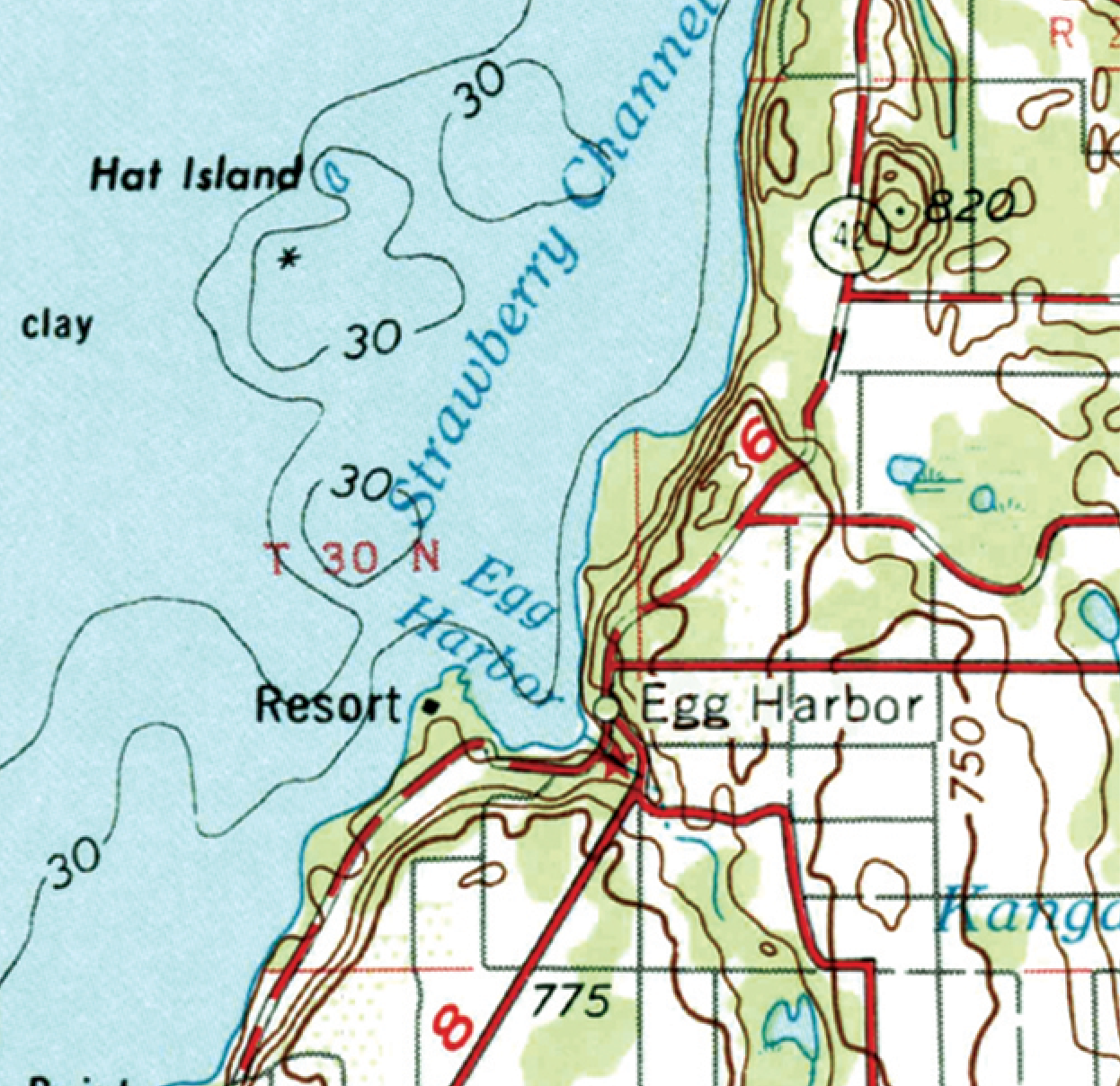 Topographic map of a coastal area with 'Egg Harbor' and 'Hat Island' labeled.