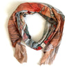 A scarf with artistic patterns and soft colors, featuring floral and circular motifs based on Alphonse Mucha's work 'The Arts: Painting'.