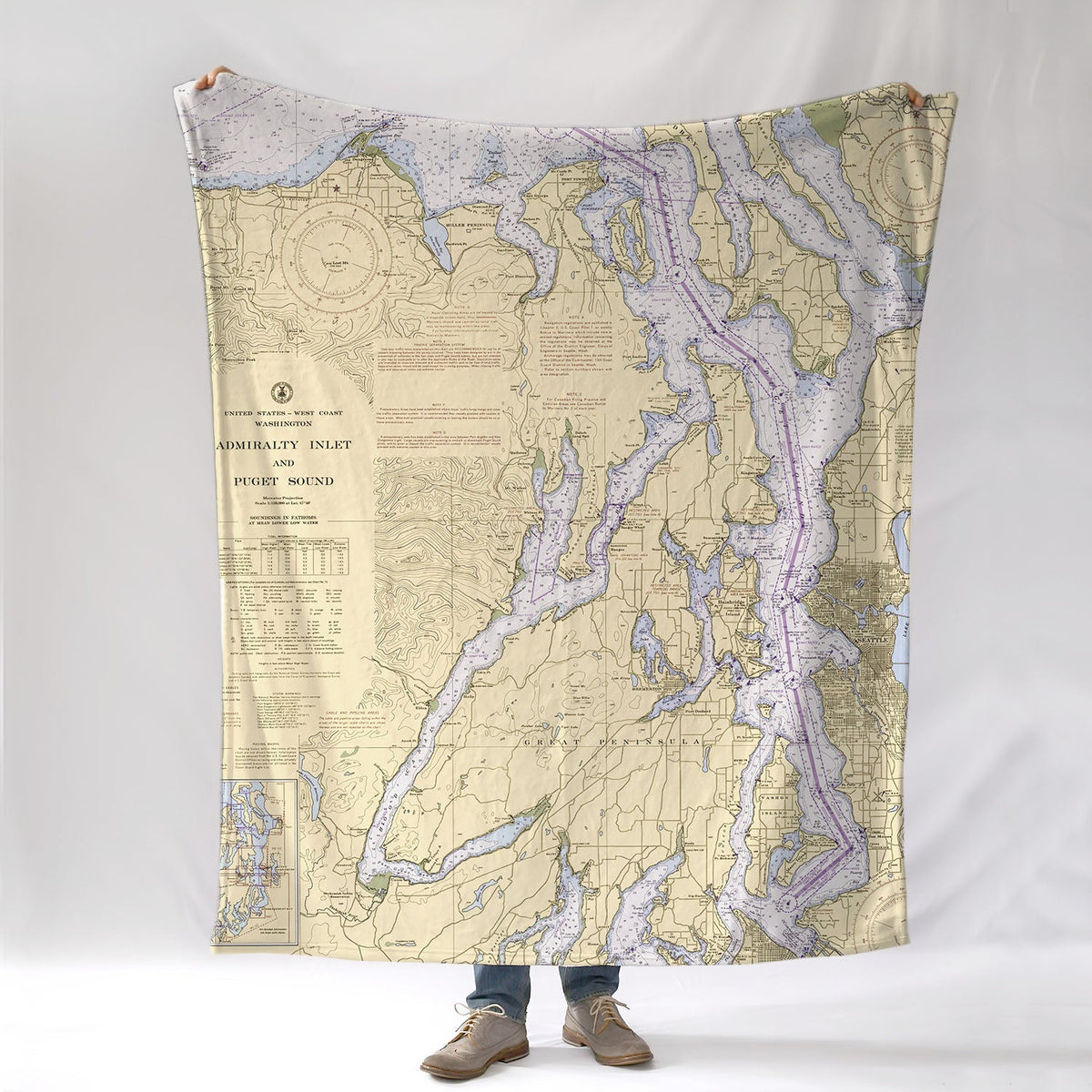 Admiralty Inlet to Puget Sound, WA Nautical Chart Blanket - Maritime Tribes USABlanket