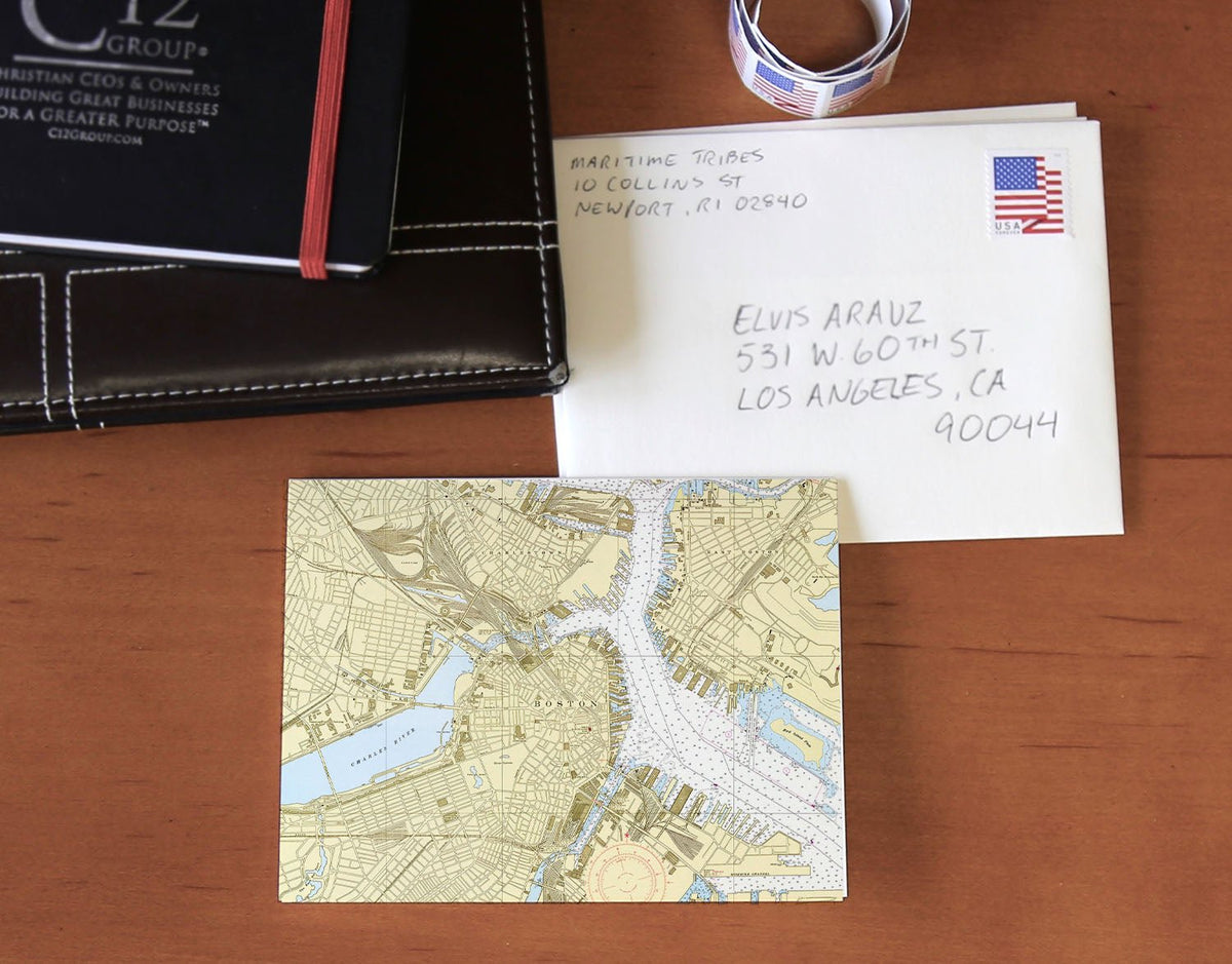 Boston, MA Inner Harbor Chart Notecard, Pack of 24 Notecards - Maritime Tribes USANotecard