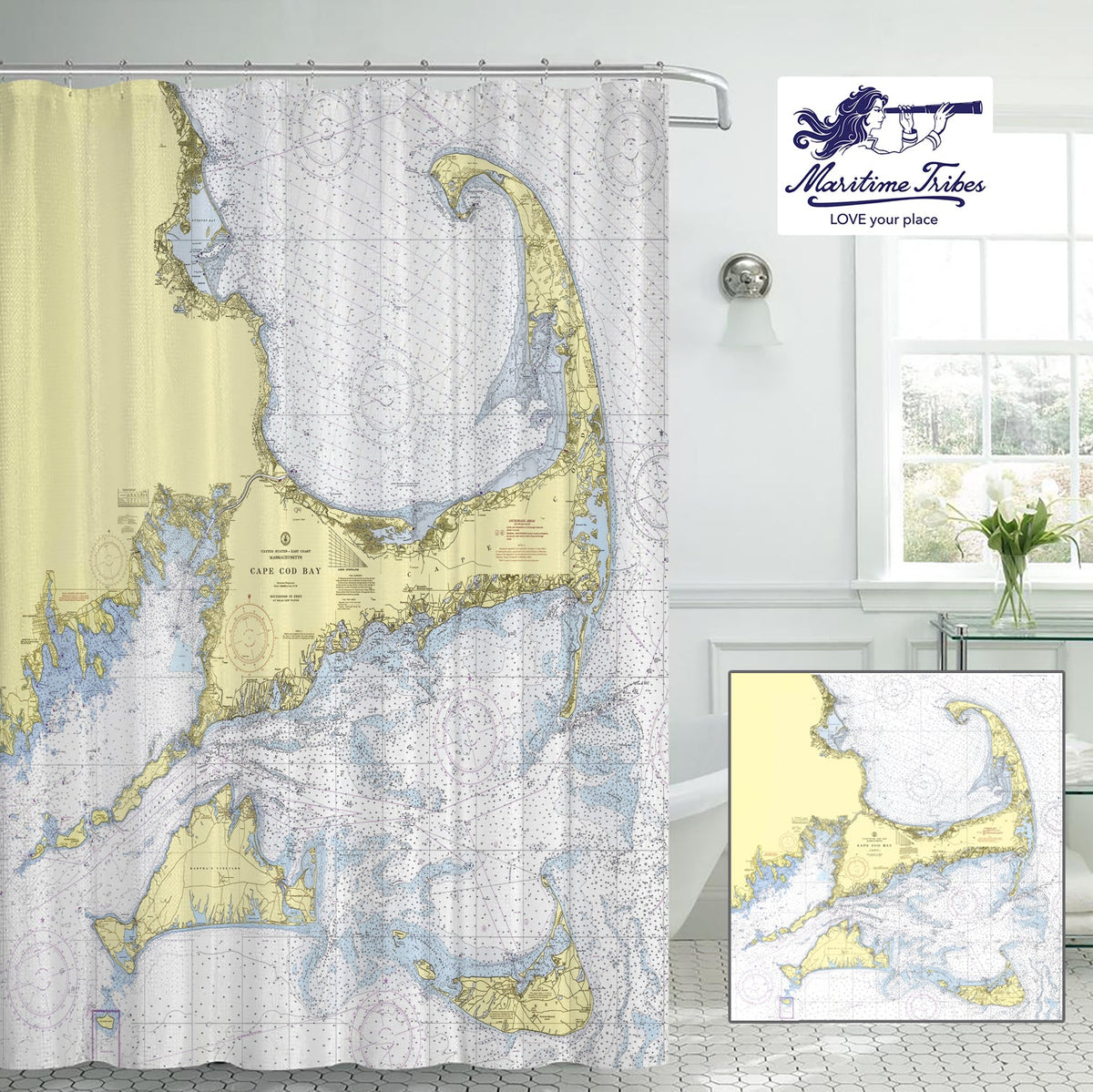 Cape Cod & the Islands Nautical Chart Shower Curtain | Vintage Massachusetts Coastal Map - Maritime Tribes USAShower Curtain