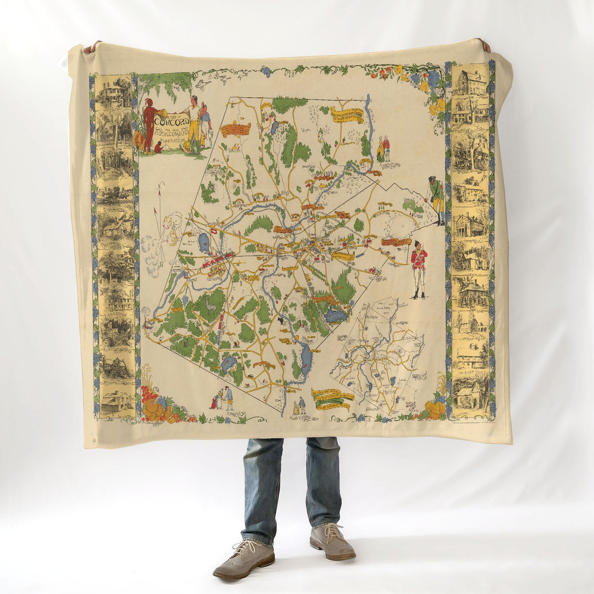 Concord, MA Vintage Pictorial Map - Made in 1929 includes things from 1635 - 1780 | Blanket - Maritime Tribes USABlanket