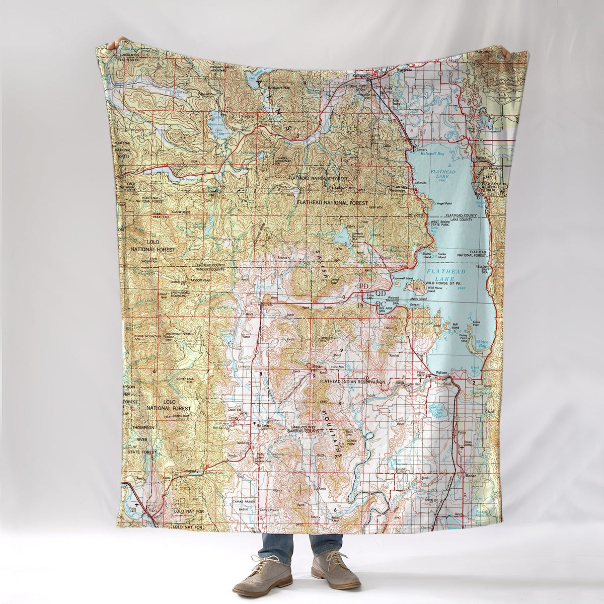 Flathead Lake, Big Fork, MT Vintage Topo Map Blanket - Maritime Tribes USABlanket