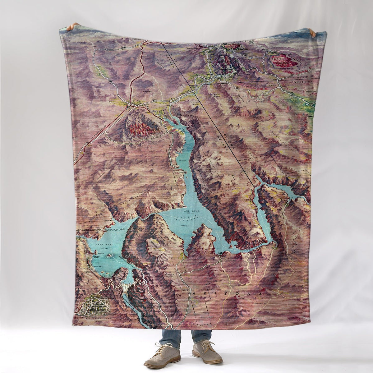 Lake Mead, Nevada Vintage Bird's Eye View Map Blanket - Maritime Tribes USABlanket