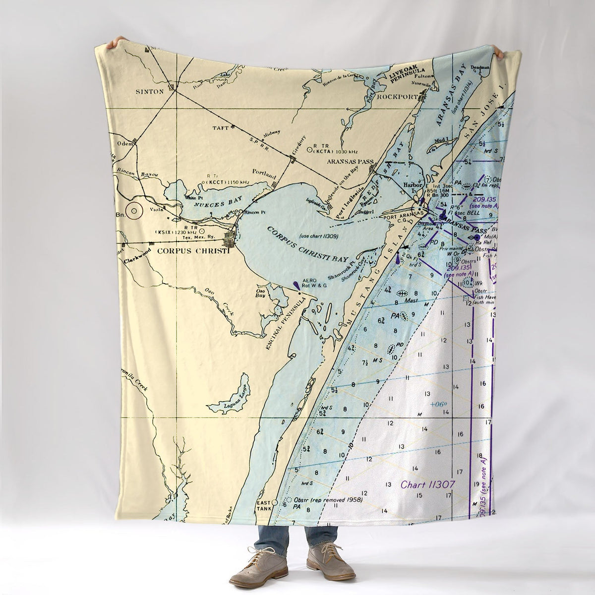 Mustang island, Aransas Pass, Port Aransas, TX.Nautical Chart Blanket - Maritime Tribes USABlanket