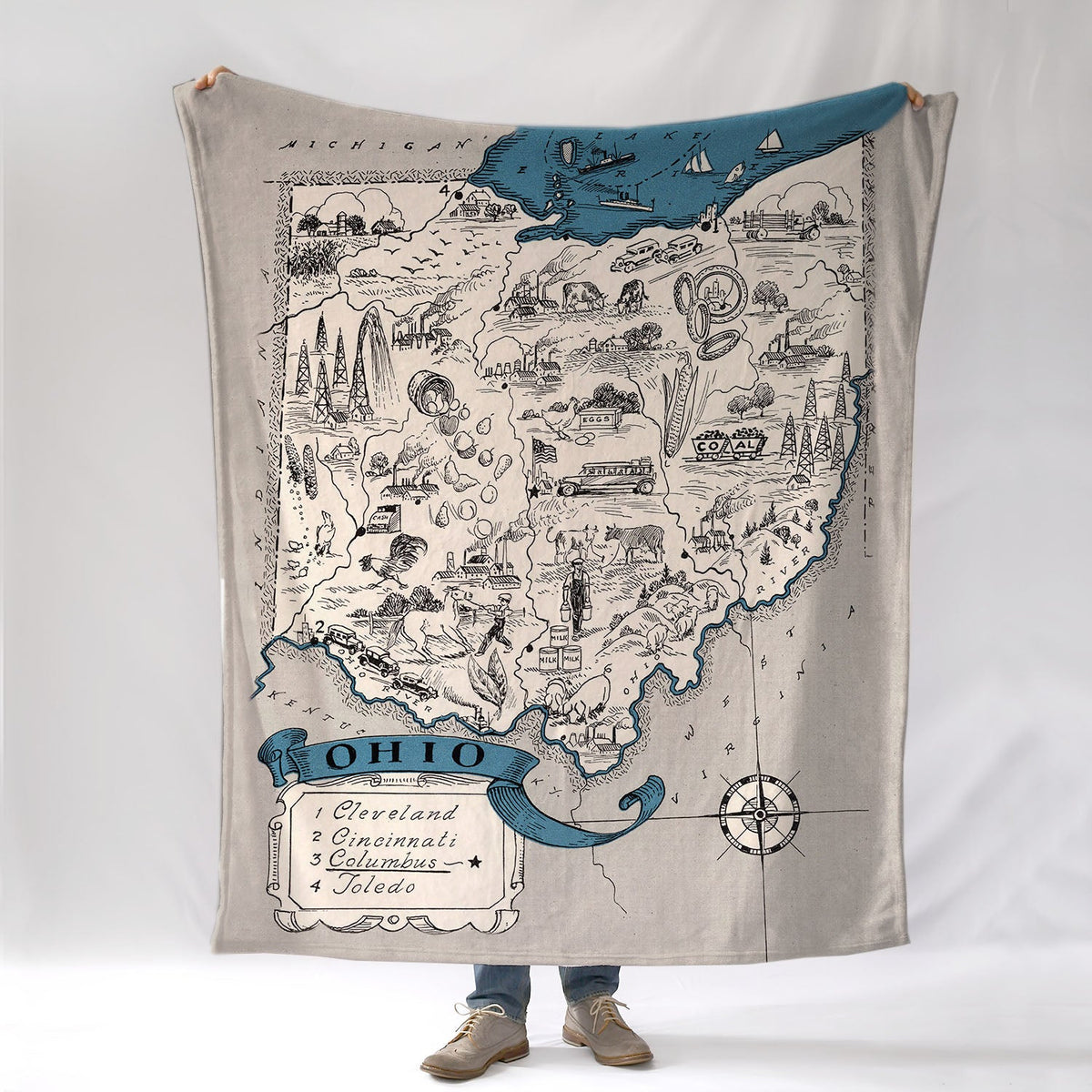 Ohio Vintage 2-Toned Pictorial Map Blanket - Maritime Tribes USABlanket