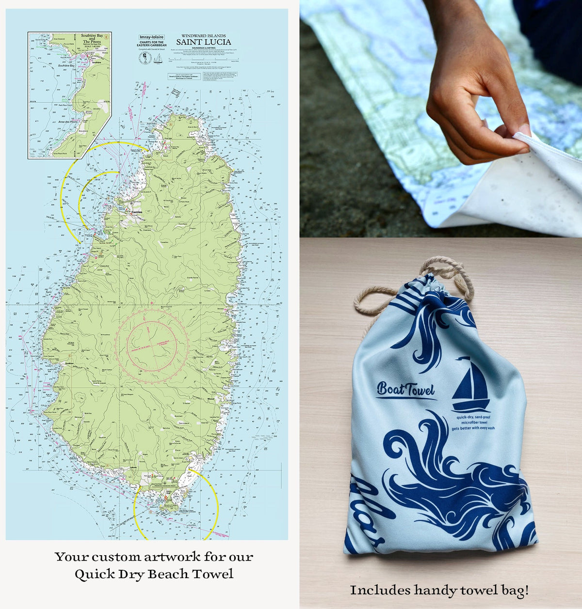 St Lucia, Caribbean, Nautical Chart Quick-Dry Towel - Maritime Tribes USA