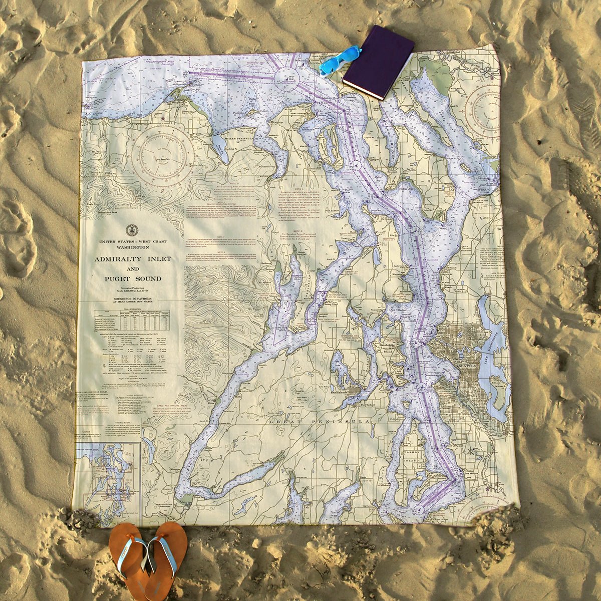 Admiralty Inlet to Puget Sound, WA Nautical Chart Blanket - Maritime Tribes USABlanket