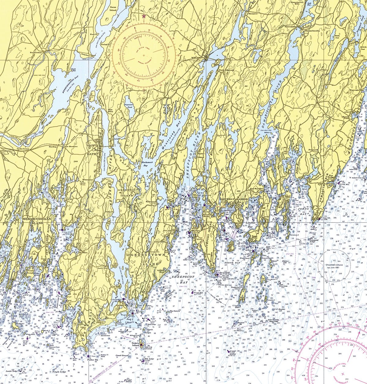 Bath To Pemaquid, Vintage Nautical Chart Shower Curtain - Maritime Tribes USAShower Curtain