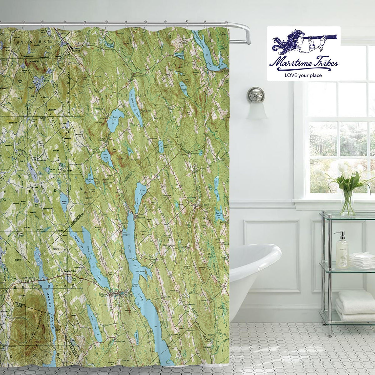 Bridgton, ME Vintage Topo Map Shower Curtain - Maritime Tribes USAShower Curtain