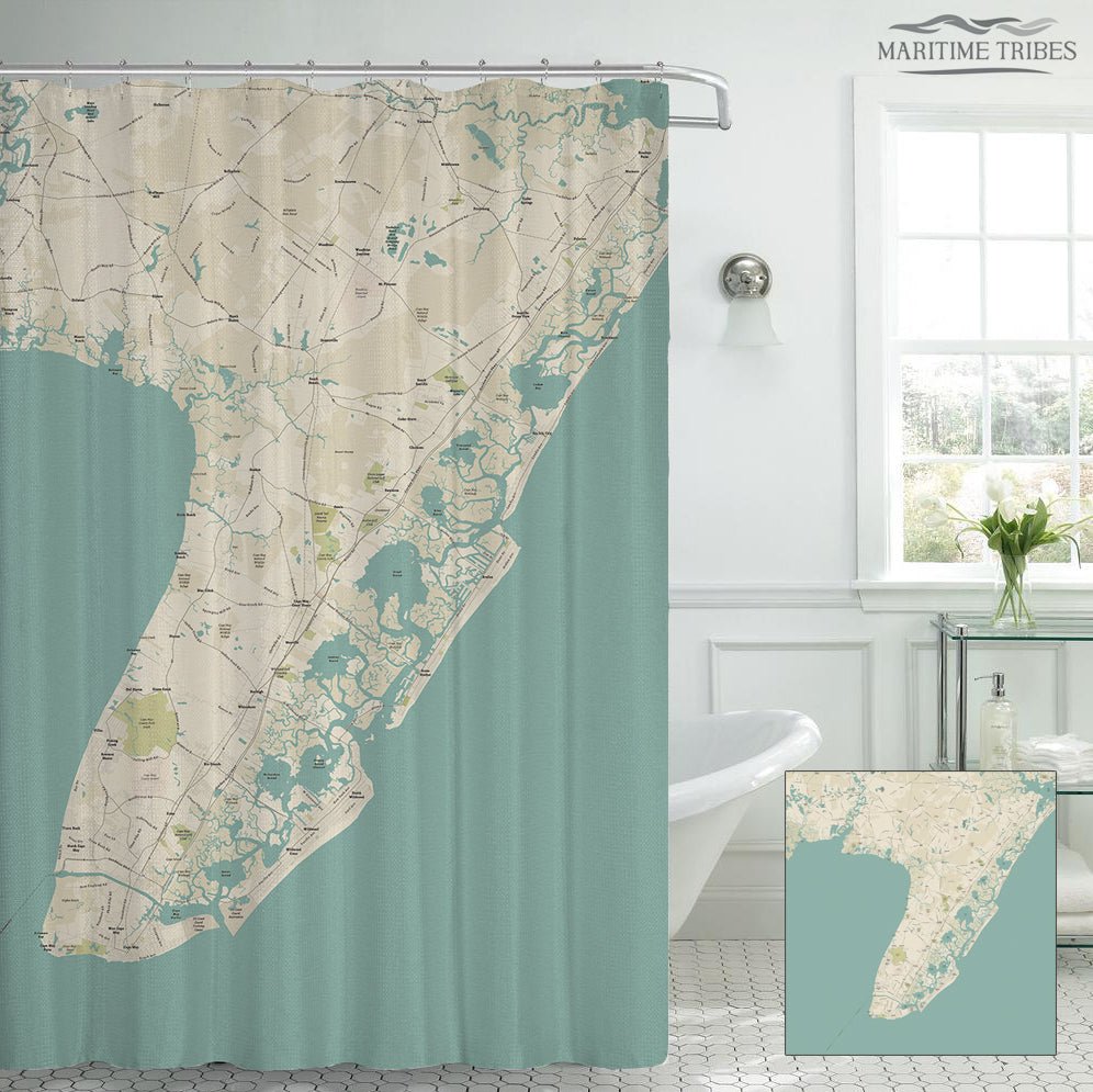 Cape May County NJ Sea Glass Map Shower Curtain - Maritime Tribes USAShower Curtain