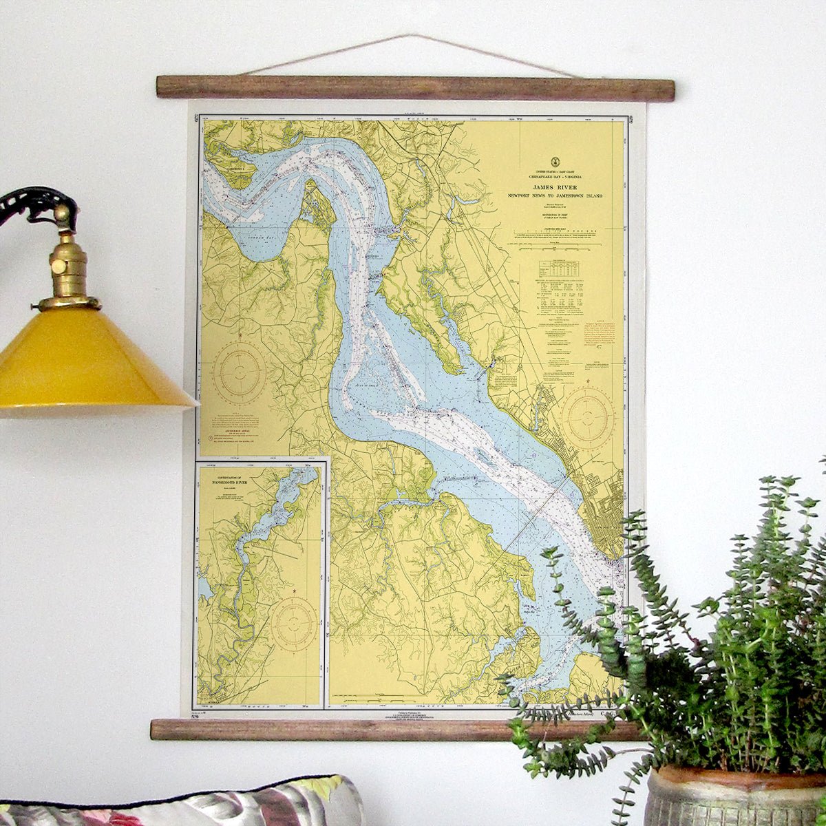 James River – Newport News to Jamestown Island Vintage Map Canvas Wall Scroll | Virginia Wall Art - Maritime Tribes USAScroll