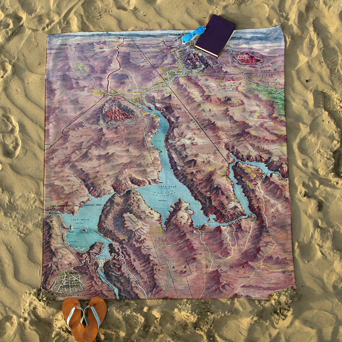 Lake Mead, Nevada Vintage Bird's Eye View Map Blanket - Maritime Tribes USABlanket