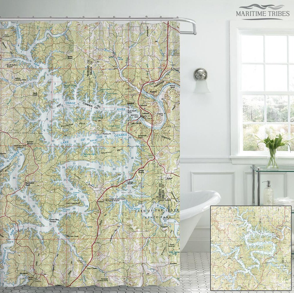 Lake of the Ozarks MO Vintage Topo Map Shower Curtain - Maritime Tribes USAShower Curtain