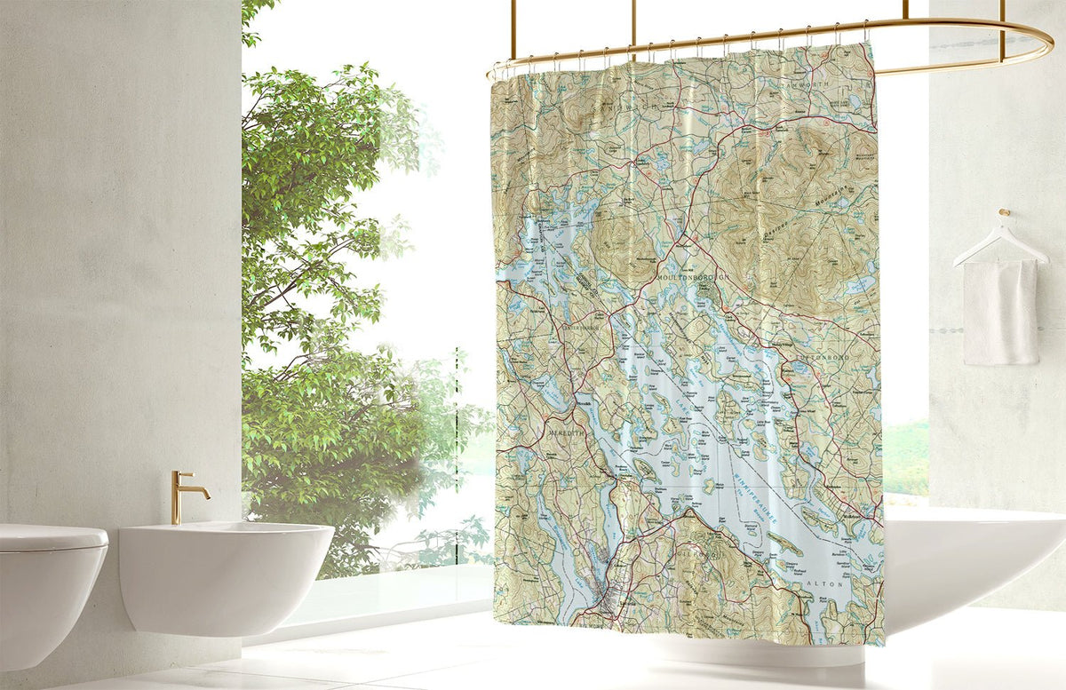 Lake Winnipesaukee, NH Topo Map Shower Curtain - Maritime Tribes USAShower Curtain