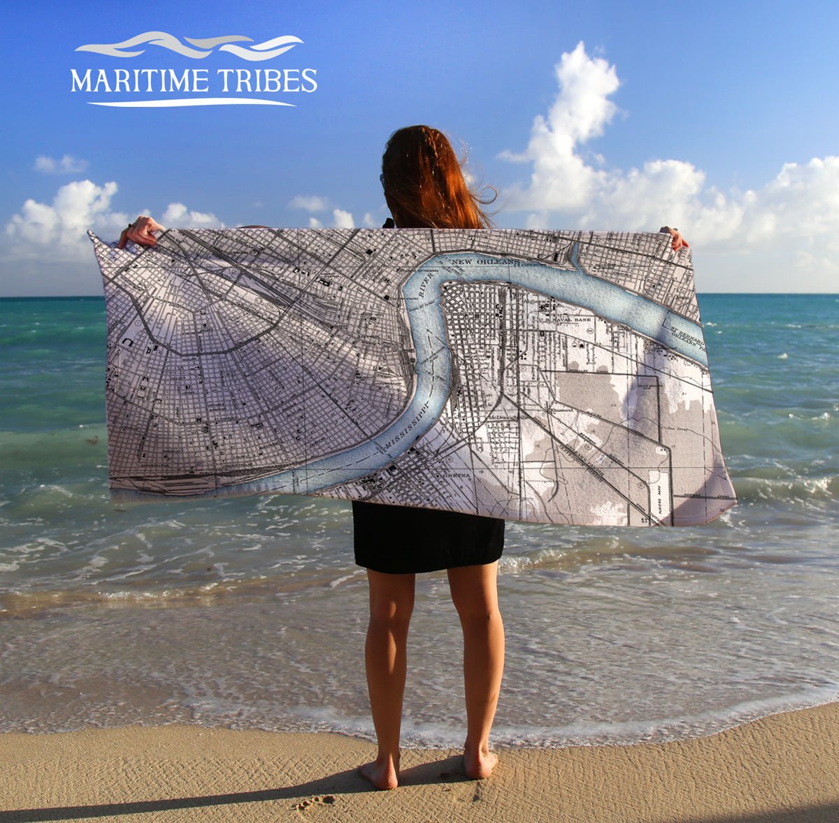New Orleans River Antique Map, 2 Tone - Maritime Tribes USATowel