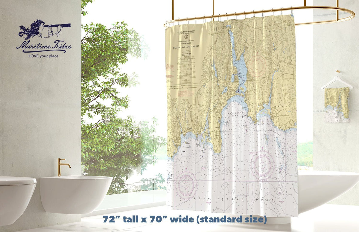 Niantic River, CT Nautical Chart Shower Curtain - Maritime Tribes USAShower Curtain
