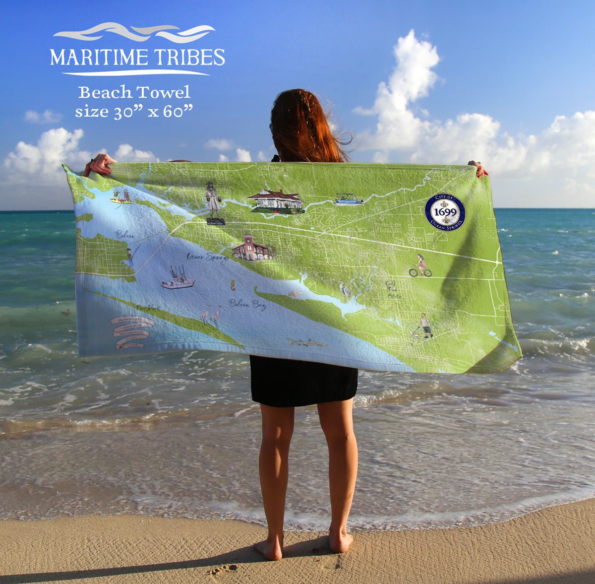 Ocean Springs, MS Illustrated Map Quick Dry Towel - Maritime Tribes USATowel