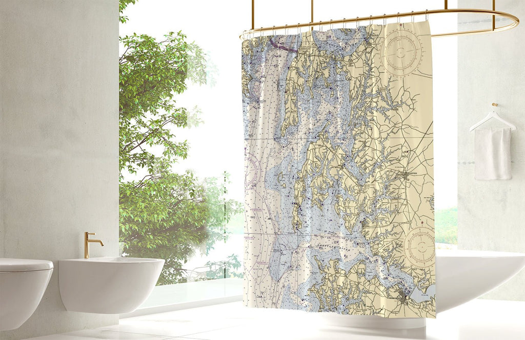 Oxford, Chesapeake Bay Nautical Chart - Shower Curtain - Maritime Tribes USAShower Curtain