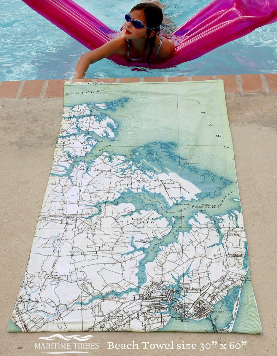 Poquoson, VA Antique Style Map Quick Dry Towel - Maritime Tribes USATowel