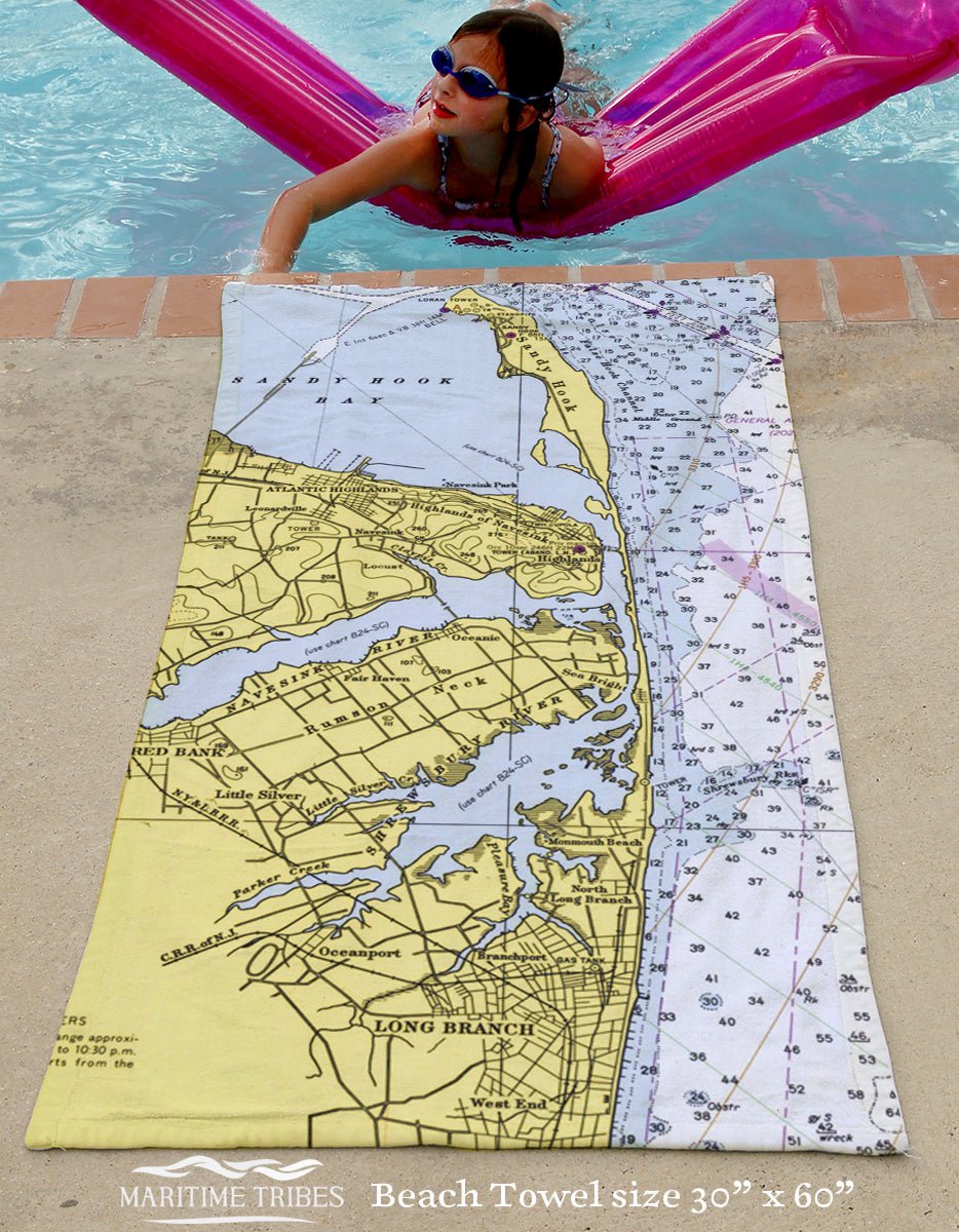 Sandy Hook Bay to Long Branch, NJ vintage Nautical Chart Quick Dry Towel - Maritime Tribes USATowel