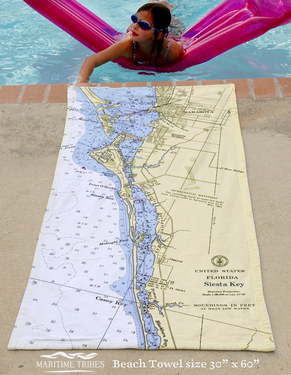 Siesta Key, FL Nautical Chart Quick Dry Towel - Maritime Tribes USATowel
