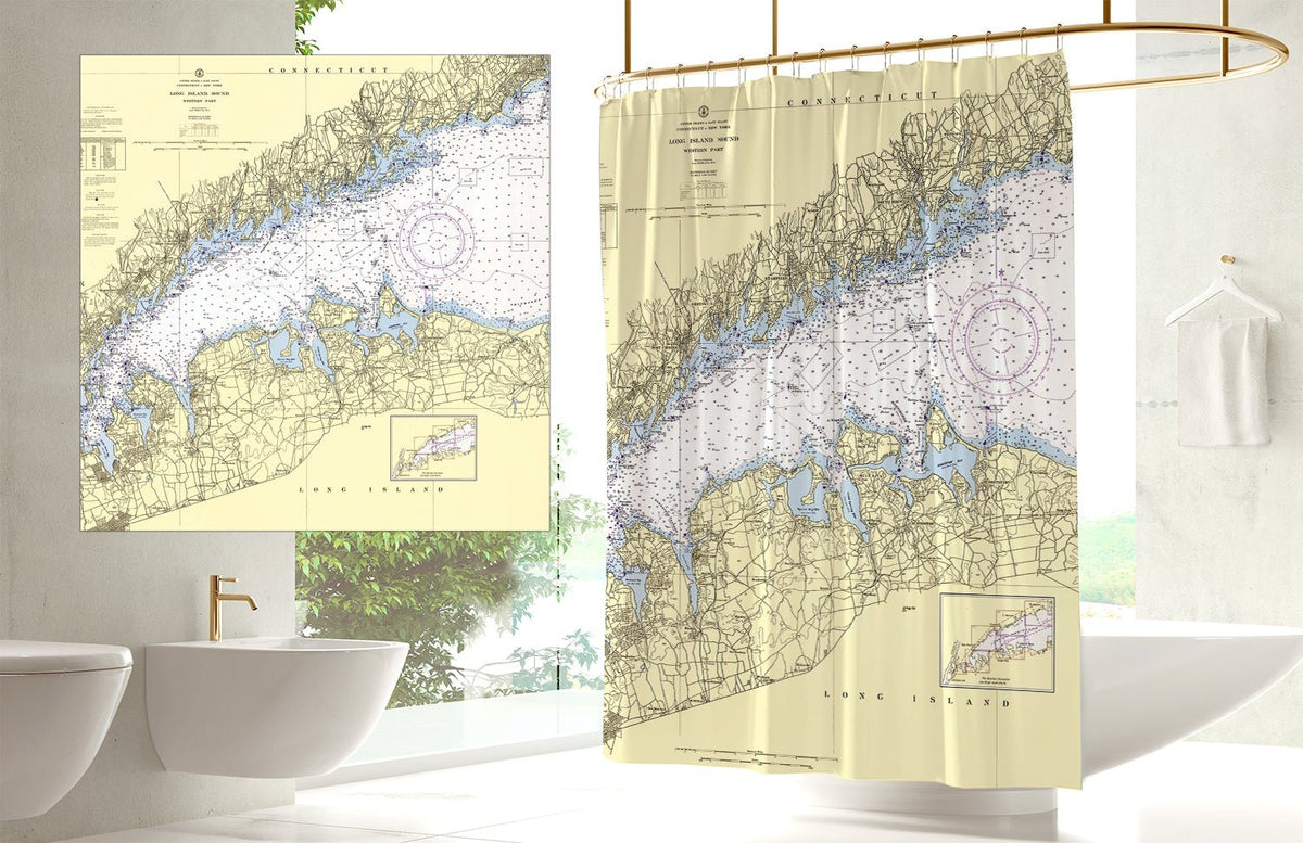 Western Long Island Sound Vintage Chart Shower Curtain - Maritime Tribes USAShower Curtain